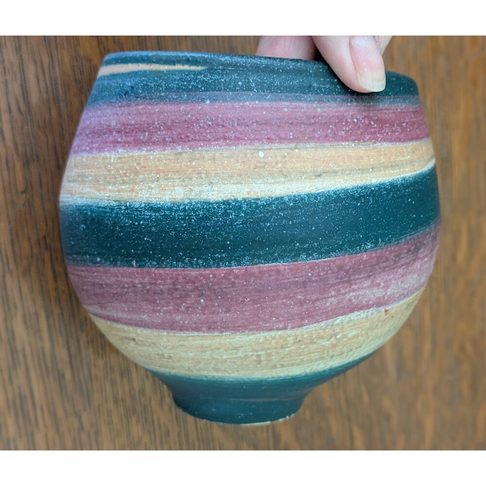 Hand Painted Pottery Striped Planter Or Vase 4.5x4" Colorful Design, Signed